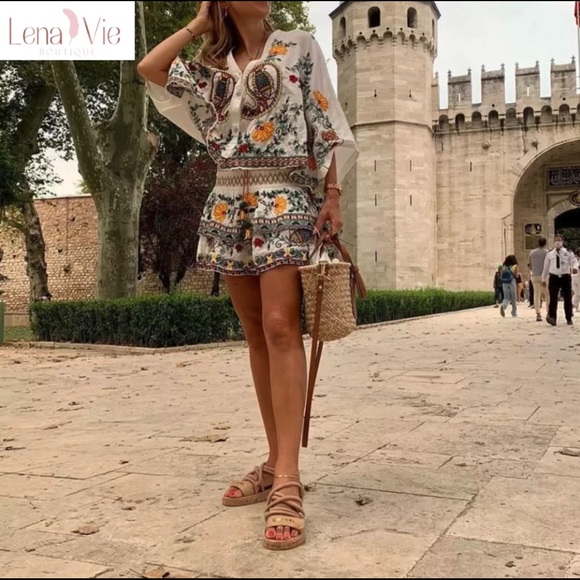 Boho Summer Embroidered Flared Kimono 2 Piece Skirt Set, Cotton Floral Koi Print - Picture 2 of 11